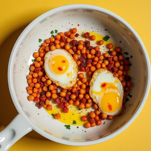 A plate of Chickpea Fried Eggs, highlighting the vibrant colors and soft shadows from natural light.