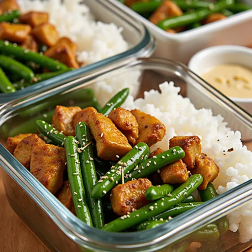 Juicy chicken breast served with fresh green beans on a white plate.