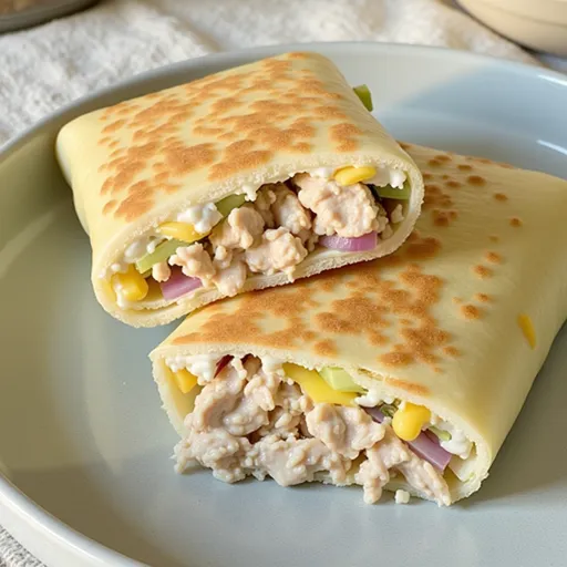 A delicious Tuna Melt Wrap cut in half, displaying the creamy filling and grilled tortilla.