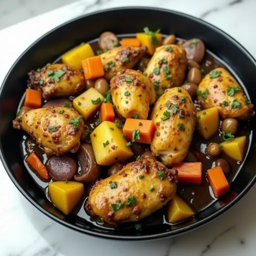 Bowl of homestyle chicken and veggies with garlic and herbs, shot at eye level in soft, inviting lighting.