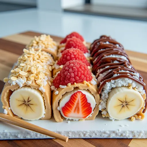 A vibrant plate featuring Banana Sushi, with a soft, blurred background and warm lighting.