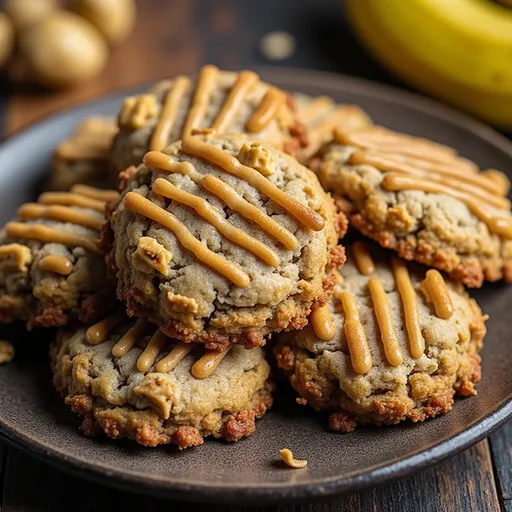 Delicious banana bread cookies on a rustic surface, showcasing a blend of oats and a rich golden color.