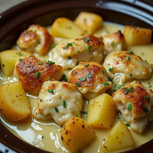 Deliciously plated Garlic Parmesan Chicken with baby potatoes in warm lighting.