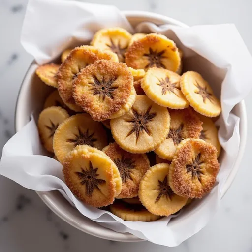 Air Fryer banana chips coated with cinnamon, displayed with a warm, cozy background.