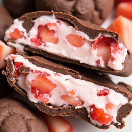Delicious clusters of yogurt mixed with strawberries, coated in dark chocolate, arranged artfully.