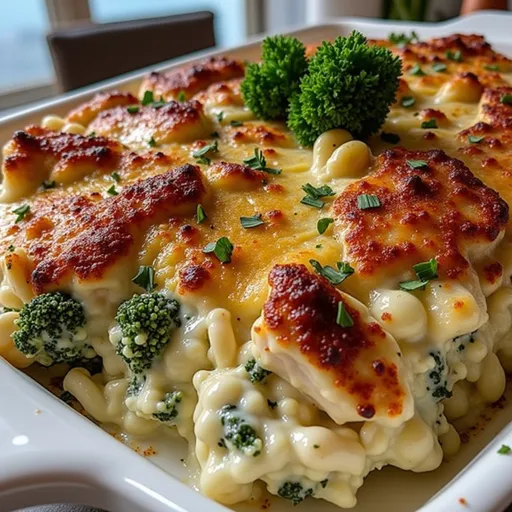 Delicious, bubbling chicken and broccoli casserole topped with cheddar cheese.