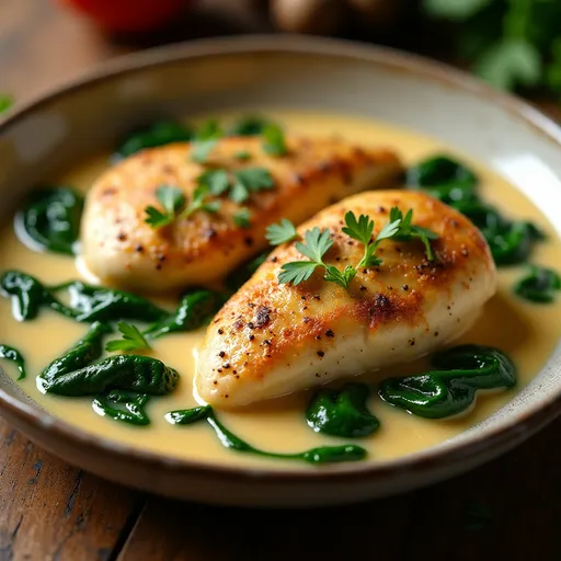 Appetizing low-calorie creamy chicken meal with herbs on top.