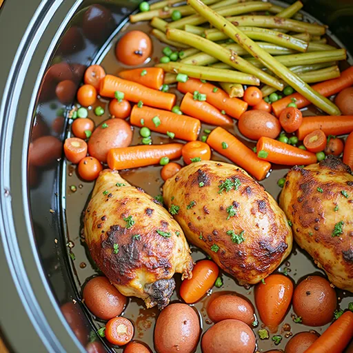 Delicious dish of Honey Garlic Chicken thighs surrounded by baby potatoes and green beans.