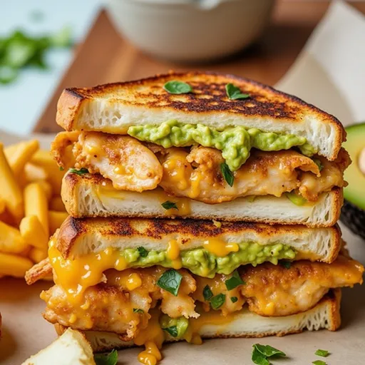 A delicious Chicken Avocado Melt Sandwich featuring shredded chicken, creamy avocado, and cheese, beautifully plated.