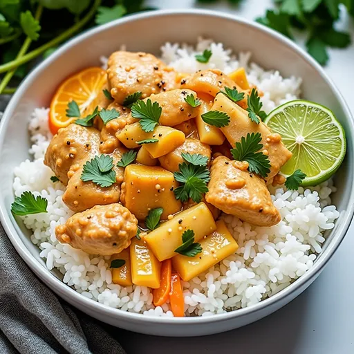 Delicious Easy Coconut Chicken Rice Bowl featuring tender chicken thighs and fresh cilantro.