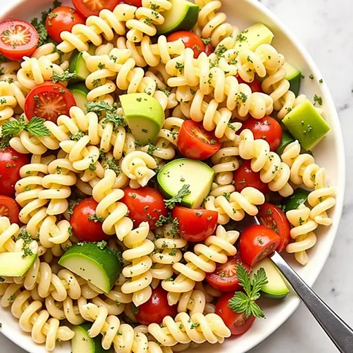 A bowl of pasta salad with cherry tomatoes, cucumbers, and olives, drizzled with Italian dressing.
