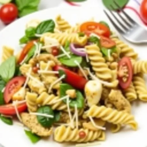 A delicious Chicken Pesto Pasta Salad presented with fresh basil and colorful ingredients on a rustic table.