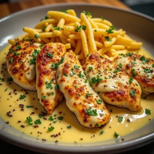 Eye-level shot of a succulent Garlic Parmesan Chicken Fillet with red pepper flakes, highlighting rich creaminess.