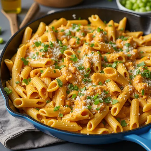High-protein creamy buffalo chicken pasta presented in a bowl, highlighting its vibrant colors and creamy sauce.