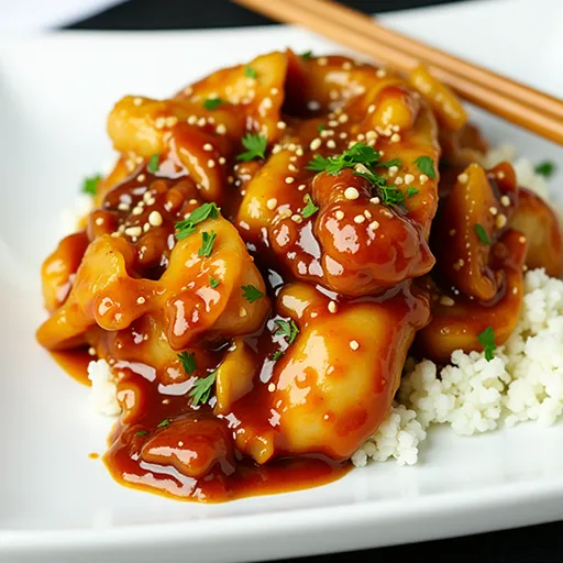 A delicious bowl of Honey Garlic Chicken featuring tender pieces of chicken glazed in a rich sauce, surrounded by soft shadows.
