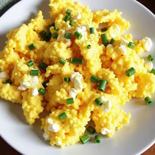Creamy scrambled eggs with cottage cheese, presented in a cozy setting with a blurred background.