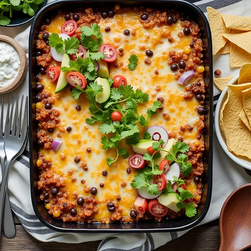 Delicious Black Bean Quinoa Enchilada Bake with a golden cheese crust, served in a cozy setting.