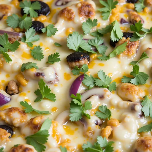 Delicious chicken burrito casserole with visible layers of shredded chicken, beans, and cheese, shot in natural light.