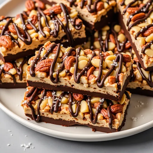 Delicious dark chocolate nut bars topped with sea salt, showcasing mixed nuts and chocolate.