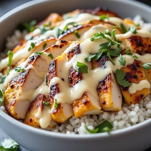 A delicious bowl of chicken and rice drizzled with creamy garlic sauce on a rustic table.