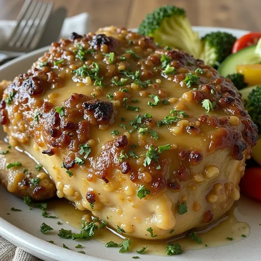 Succulent boneless chicken thighs in a rich, cheesy sauce, garnished with parsley.
