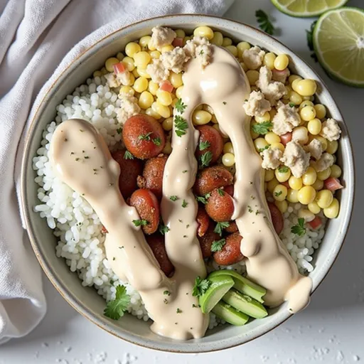 A vibrant rice bowl filled with brown rice, diced chicken, corn, black beans, and fresh vegetables, captured in soft natural light.