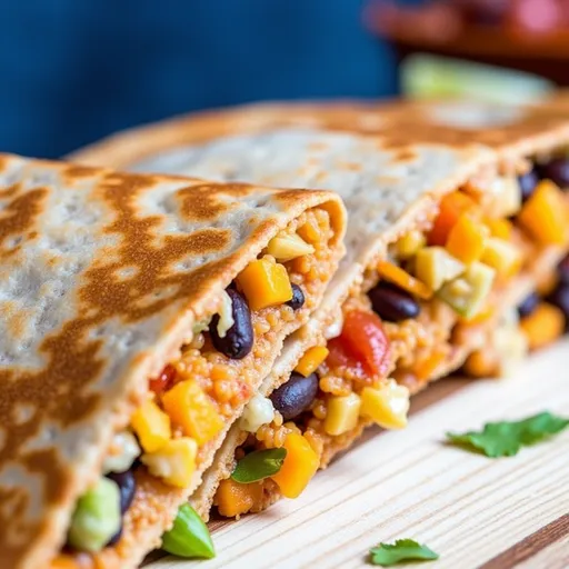 Warm, cheesy Vegetarian Quesadillas showcasing black beans and diced sweet potato, served on a rustic plate.