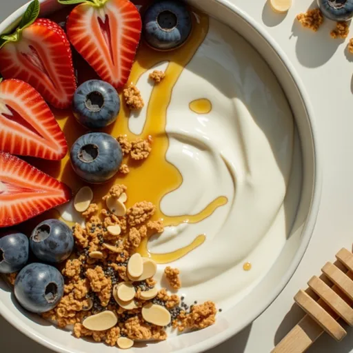 Elevated view of a healthy breakfast bowl featuring Greek yogurt, honey, and fresh fruit.