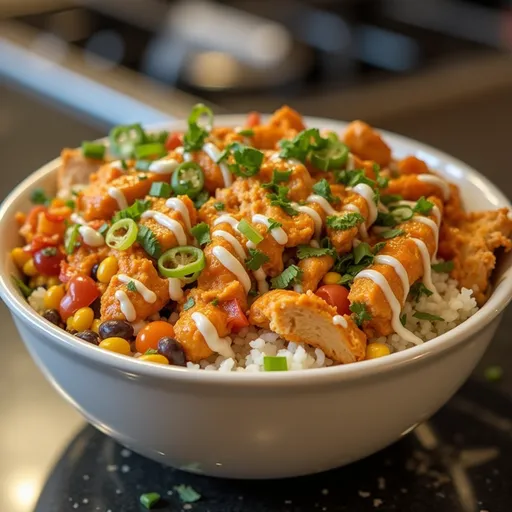 Delicious Buffalo Chicken Bowl with vibrant ingredients like corn, black beans, and cheese, captured in soft natural light.