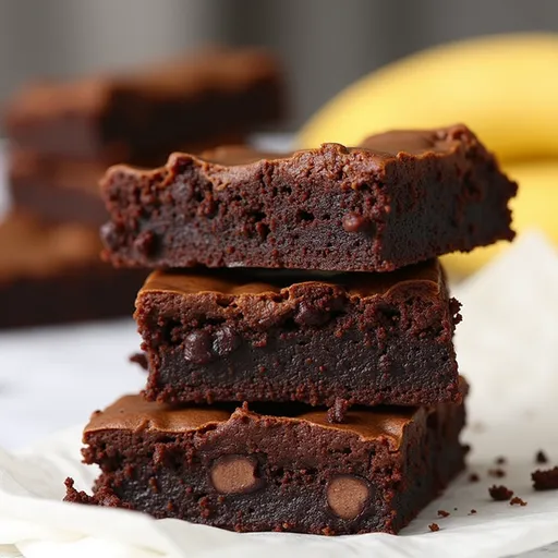 A delicious slice of banana brownies on a wooden surface, highlighting the glossy cocoa topping and soft interior.