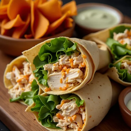 A delicious buffalo chicken wrap showcasing vibrant ingredients like lettuce, tomatoes, and cheese in a whole wheat tortilla.