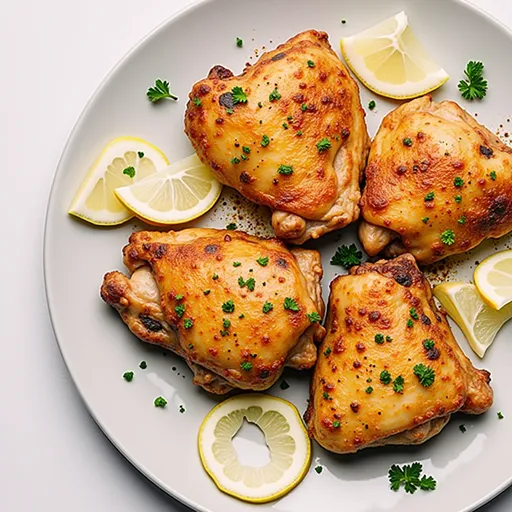 Juicy chicken thighs in a warm setting, showcasing a crispy skin and vibrant vegetable medley.