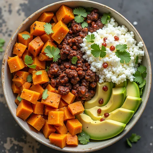 A colorful Sweet Potato Taco Bowl showcasing sweet potatoes, fresh vegetables, and garnished with cilantro and lime wedges.