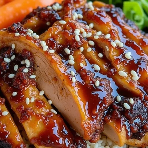 A detailed shot of Sticky Chicken Rice Bowls featuring juicy chicken thighs, colorful vegetables, and sesame seeds in a cozy setting.
