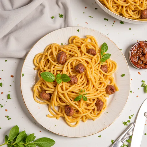 A bowl of spaghetti topped with richly caramelized onions and a sprinkle of nutritional yeast.