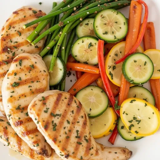 Eye-level shot of juicy grilled chicken breasts surrounded by sliced bell peppers and zucchini.