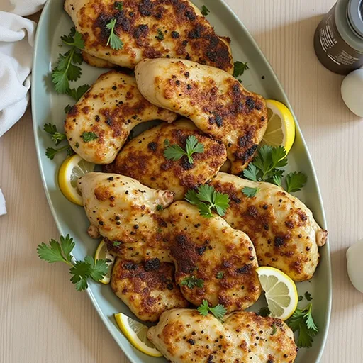 A beautifully plated yogurt marinated chicken cutlet, showcasing its juicy texture and vibrant garnishes.