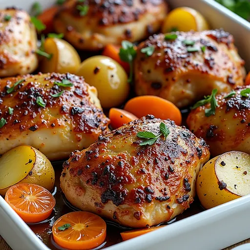 One pan meal featuring golden chicken thighs surrounded by vibrant carrots and potato wedges.