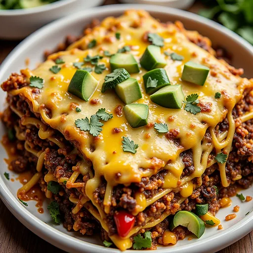 A warm, inviting vegetarian enchilada casserole featuring layers of tortillas, beans, and cheese.