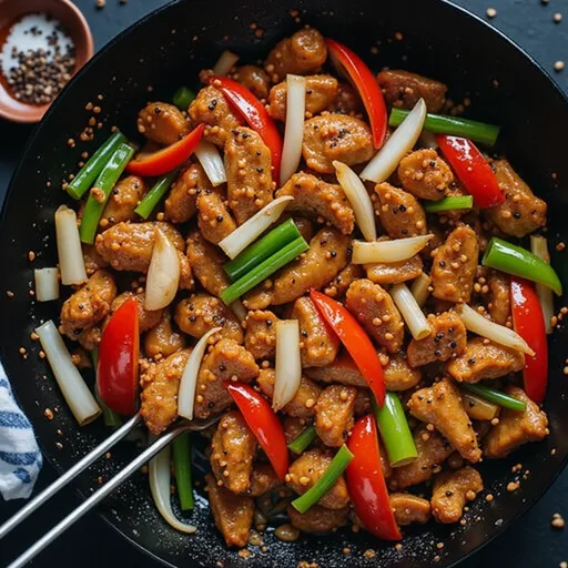 A delicious serving of Black Pepper Chicken with vegetables, showcasing the dish's intricate details and garnishes.