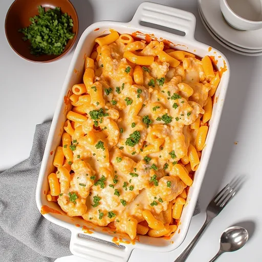 A vibrant, baked pasta dish featuring shredded chicken and a Buffalo sauce, served in a cozy setting.