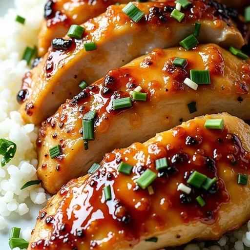 A beautifully plated portion of honey garlic chicken breasts, showcasing its shiny glaze and texture with soft shadows.