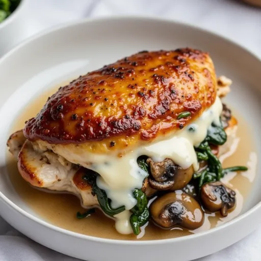 A beautifully plated mushroom stuffed chicken breast, with visible mushroom and cheese filling.