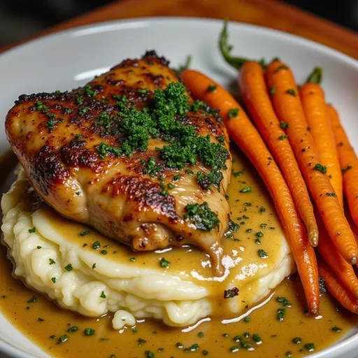 A beautifully plated Garlic Herb Chicken alongside vibrant orange carrot slices, with herbs visible.