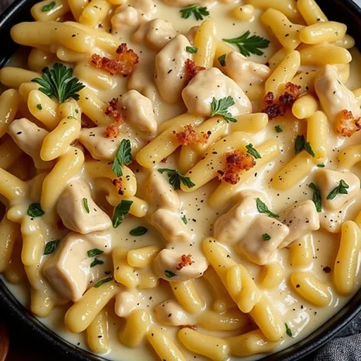 A beautifully arranged dish of creamy chicken pasta, featuring tender chicken and pasta intertwined in a rich sauce.