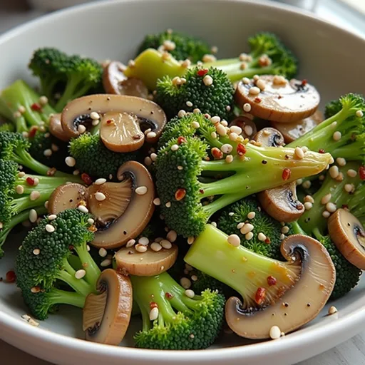 A colorful stir fry with broccoli, mushrooms, and bell peppers on a wooden table.