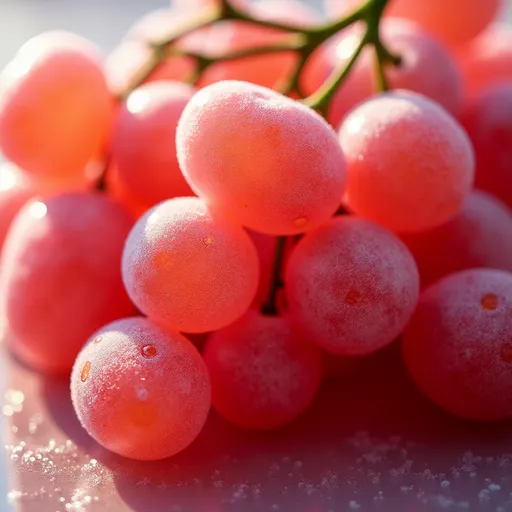 Eye-level shot of vibrant green grapes covered in colorful sour sugar, illuminated by natural light.