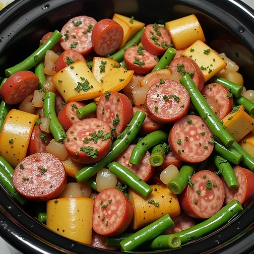 A colorful serving of Kielbasa and Green Beans in a ceramic bowl, showcasing the sausage and vibrant vegetables.