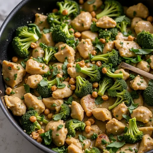 A plate of easy garlic chicken with steamed broccoli and fresh spinach, beautifully illuminated.