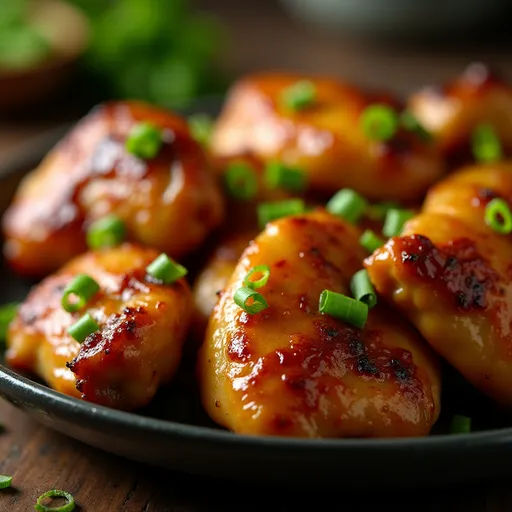 Succulent chicken thighs glazed with honey and garlic, presented on a rustic plate with a blurred background.